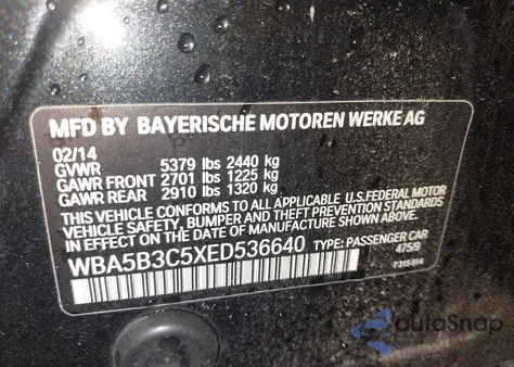 2014 BMW 535I xDrive из США, поврежденный, VIN WBA5B3C5XED536640